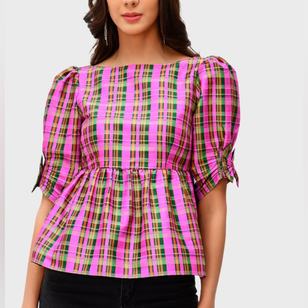 WAYWARD FANCIES Check Print Dupioni Peplum Top XXL Feminine Preppy Casual